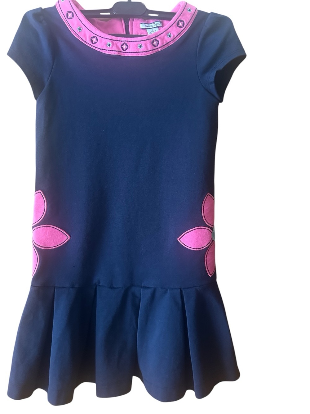 Hartstrings Girls Navy Blue & Pink Drop-Waist Flower Dress - Size 8